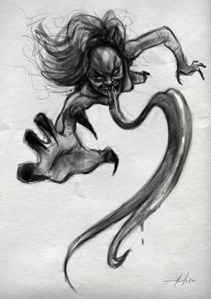 a drawing of a demon flying through the air