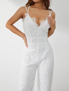 Pattern : pencil pants Type : JUMPSUITS Pant Length(cm) : full length Fabric content : 81% (inclusive) - 90% (inclusive) Release Date : Summer 2022 Thickness : Standard Waist Type : high Age : Ages 35-45 Years Old Length : Ankle-Length Pants Place Of Origin : China (mainland) Fabric Type : Broadcloth Item Type : JUMPSUITS Pattern Type : Solid Gender : WOMEN Style : Casual Model Number : Women Romper Material : POLYESTER Decoration : Lace Fit Type : SKINNY Brand Name : Thefound Women Elegant Jumpsuit, Spaghetti Straps V Neck Solid Color Lace Open Back Wide-leg Jumpsuits Long Playsuit Specification Item Type: Jumpsuit Applicable Gender: Female Applicable Age Range: Adult Fabric: Lace Color: Black/White Pattern: Solid Color, Lace Size: S, M, L, XL Size(cm) S Bust: 84 Length: 143.5 Waist: 68 H White Fitted Jumpsuits And Rompers With Spaghetti Straps, White Fitted Jumpsuit With Spaghetti Straps, White Stretch Strapless Sleeveless Jumpsuit, White Fitted Strapless Sleeveless Jumpsuit, White High-waisted Strapless Jumpsuit For Night Out, White High Waist Fitted Strapless Jumpsuit, White High Waist Jumpsuits And Rompers For Night Out, White High-waist Jumpsuits And Rompers For Night Out, White High Waist Jumpsuits For Night Out