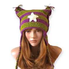 Personalized Best Selling Cat Ears Beanie Crochet Cat Hat Cat Beanie Cute Hat Gift for Her Crochet Striped Hat Crochet Boho Cat Ears Hat Crochet Striped Hat, Star Gloves, Bonnet En Crochet, Cat Ears Beanie, Boho Chic Hats, Ears Hat, Crochet Cat Hat, Cat Ears Hat