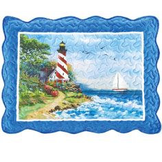 a painting of a lighthouse with a sailboat in the water