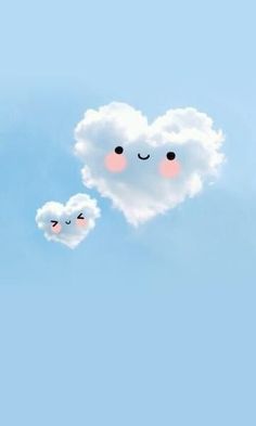 two clouds in the shape of hearts with faces drawn on them