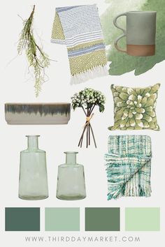 the color scheme is green and has white flowers in vases, pillows, and blankets