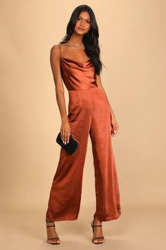 Dressy Pants Outfits For Wedding Guest, Female Officiant Attire Wedding, Cocktail Chic Attire, Copper Jumpsuit, Terracotta Jumpsuit, Jumpsuit Formal Wedding, Women Cocktail Attire, Wedding Additions, Dressy Jumpsuit Wedding