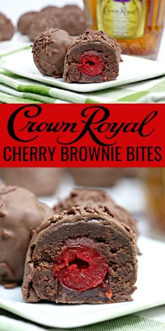 two pieces of chocolate covered cherry brownie bites on a white plate with a jar of jelly in the background