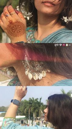 a woman with henna tattoos on her arm and hand, both showing different designs