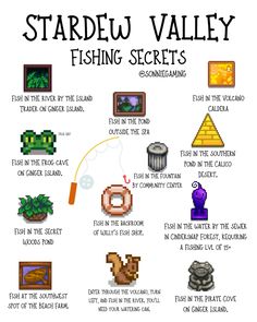 the stardew valley fishing secrets poster is shown in black and white with an image of