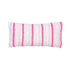 a pink and white striped pillow on a white background