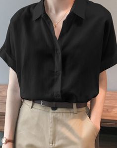 Product id: 1958214 Intern Fits, Summer Academia, Casual Shirt Look, Collared Shirt Outfits, Black Collared Shirt, Black Button Up Shirt, Shirt Dress Outfit