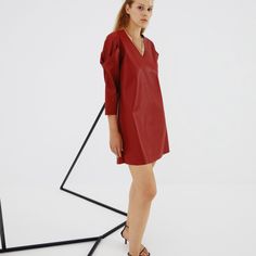 Vegan leather mini dress in red with V shaped sleeve details. Material: 100% Polyurethane (vegan leather) Vegan Leather Dress, Red Leather Dress, 3d Printing Fashion, Leather Mini Dress, Dress Sewing Pattern, Dress Sewing, Leather Dress, Independent Designers Fashion, Sleeve Detail