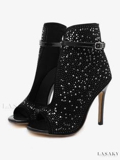 Lasaky - Classic Womens Black Sandals with Elegant Rhinestone Cut-Outs and Stylish Heel Fall Heels, Open Season, Stylish Heels, Summer Boots, Womens Stilettos, Rhinestone Heels, Estilo Chic, Black Sandals Heels, Cut Out Design