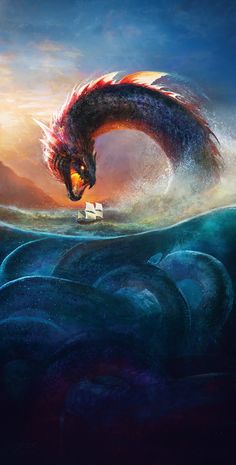 a painting of a dragon attacking a ship in the ocean