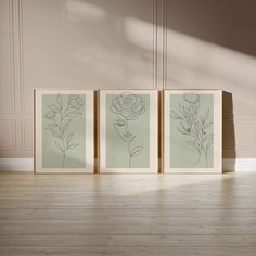 three framed art prints on a wall in a room with wood flooring and white walls