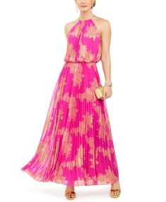 Metallic-Print Pleated Blouson Gown | macys.com Fitted Pink Maxi Dress With Pleated Back, Fitted Floor-length Maxi Dress With Pleated Waist, Party Floor-length Maxi Dress With Pleated Waist, Party Maxi Dress With Pleated Waist, Flowy Maxi Dress With Pleated Waist For Party, Spring Evening Maxi Dress With Gathered Waist, Chic Evening Maxi Dress With Gathered Waist, Spring Party Maxi Dress With Pleated Waist, Summer Gala Pleated Maxi Dress