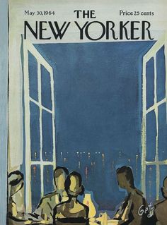 an advertisement for the new yorker, with people sitting at a table in front of a window