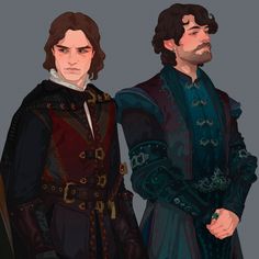 two men dressed in medieval clothing, one wearing a black coat and the other with brown hair