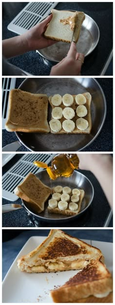 there are four pictures showing how to make peanut butter and jelly sandwiches with toasted bread