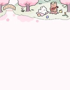 an image of a pink background with trees and teddy bears in the grass on it