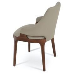 an upholstered chair with a wooden frame and leather seat, viewed from the front