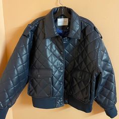 Rebecca Minkoff Faux Leather Bomber Jacket New With Tags Navy Blue Chic Leather Jacket With Padded Collar For Cold Weather, Chic Leather Quilted Outerwear, Chic Quilted Leather Outerwear, Faux Jacket, Bomber Jackets, Coats Jackets Women, Rebecca Minkoff, Coats For Women, Bomber Jacket