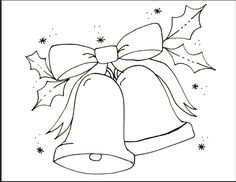 a christmas bell with holly leaves on it and a bow around the bell is outlined in black and white