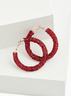 Add a little sparkle to your look with this pair of embellished beaded hoop earrings. Latch backs. Man-made materials. Base metals. Imported. The best plus size women's embellished red beaded hoop earrings in red. Torrid is your destination for cozy fall and winter clothes to keep you warm and comfortable. Holiday Party Beaded Jewelry, Festive Red Hoop Jewelry, Red Hoop Jewelry For Festive Occasions, Red Beaded Earrings For Holiday Party, Party Round Beaded Metal Earrings, Party Metal Beaded Round Earrings, Party Round Beaded Earrings In Metal, Round Metal Beaded Earrings For Party, Party Round Metal Beaded Earrings