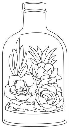 a bottle filled with flowers and plants on top of a white background, in the shape of a flower vase