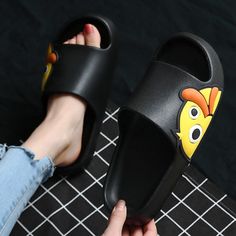 The Cartoon Duck Print Chunky Slides are a fun pair of slides everyone will enjoy! With two style variations, the quacking duck sits on the top of the slides or on the sides. The Cartoon Duck Print Chunky Slides are easy to slip on and off and are very comfortable! Walk-in style! FEATURES: Style Open Toe Season Spring/Summer Sole Flat Vamp material EVE COMFORTABLE MATERIAL: The Cartoon Duck Print Chunky Slides are made of high-density material. These are light, soft, breathable, and waterproof, Couples Shoes, Chunky Slides, Aesthetic Summer Beach, Japanese Korean Fashion, Duck Print, Kawaii Shoes, Couple Shoes, Beach Slides, The Cartoon