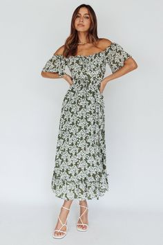 Voyager Off-Shoulder Bell Sleeve Midi Dress Floral Green by Selfie Leslie Green Floral Midi Dress, Midi Dress Floral, Yellow Bridesmaids, Off Shoulder Fashion, Iron Material, Date Night Dresses, Mini Dress Casual, Sleeve Midi Dress, Midi Dress With Sleeves