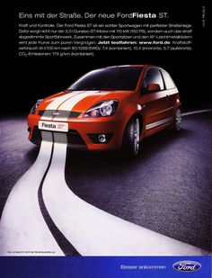 an advertisement for the new ford fiesta st, featuring a red car with white stripes