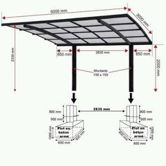 an image of a carport with measurements for the roof