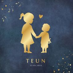 a gold silhouette of two children holding hands with the word teun written below it