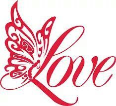 the word love is written in red with a butterfly on it's back end