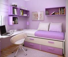 a bedroom with purple walls and white bedding, bookshelves on the wall