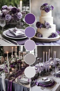 the table is set with purple and white flowers, candles, and plates for an elegant wedding reception