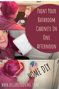 a woman with red hair and glasses is painting her bathroom cabinets in one afternoon, then she's doing the same