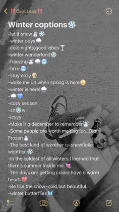 someone is holding their hand up with the words winter captions above them on it