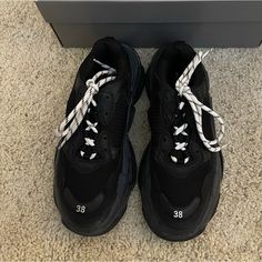 Balenciaga Triple S Sneaker, Worn Twice, Basically Brand New, Comes With All Packaging And Tags, Black, Rubber Sole, Womens Size 38 Designer Black Sneakers With Boost Midsole, Designer Black Sneakers With Medium Fit, Designer Black Sneakers With Regular Fit, Black Lace-up Sneakers With Branded Heel Counter, Black Branded Lace-up Sneakers, Balenciaga Triple S Sneakers, Shoes Balenciaga, Balenciaga Black, Balenciaga Shoes