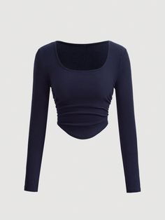 Teen Girl Square Neck Cinched Waist Fitted T-Shirt, Casual T-Shirt, Back To School Tee, Navy Blue Navy Blue   Long Sleeve Knitted Fabric Plain  Medium Stretch  Teen Girls Clothing, size features are:Bust: ,Length: ,Sleeve Length: Simple Clothes For School, Cute Clothes For Teenagers, Clothes For School, Cheap Cute Clothes, Clothes For Teens, Number Shirt, Spring T Shirts