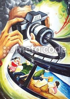 a painting of a man taking pictures with a camera