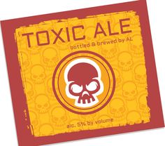 a red and yellow card with a skull on it's front cover that says, toxic ale bottled & brewed by al