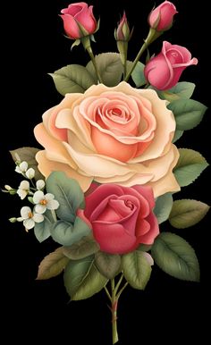 three pink roses with green leaves and white flowers on a black background, painted in pastel colors