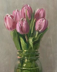 a painting of pink tulips in a green glass vase on a gray background