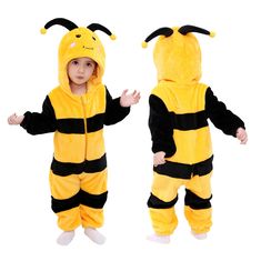 a child in a bee costume standing up with his arms out and hands out to the side