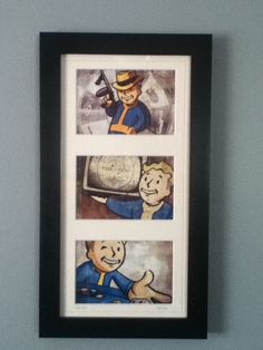 three framed pictures hanging on the wall