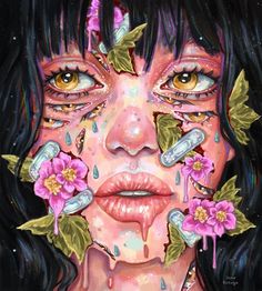 a painting of a woman with flowers on her nose and eyes covered in drops of water