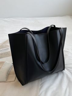 Black Elegant   PU Leather Plain Shoulder Tote Bag Embellished   Women Bags Tote Bags For College, Black School Bags, Shoulder Bag For School, Minimalist Tote Bag, Minimalist Tote, Tote Bags For School, Stylish Tote Bag