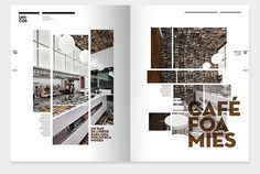 an open magazine with images of food and drinks on it's pages, including the title cafe for mies