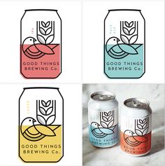 four cans of good things brewing are shown in three different colors and logos, each with a bird on top