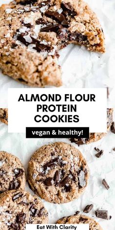 almond flour cookies with chocolate chips on top and the words, almond flour protein cookies vegan & healthy