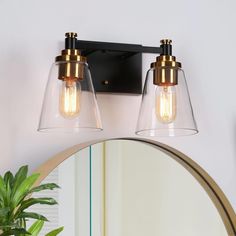 two clear glass shades hang on the wall above a mirror